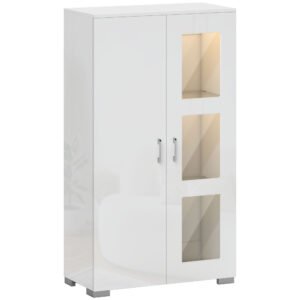 HOMCOM Bufet cu LED RGB 16 culori și telecomandă, finisaj lucios, uși vitrate, rafturi din sticlă, 71x35x126 cm, alb | Aosom Romania