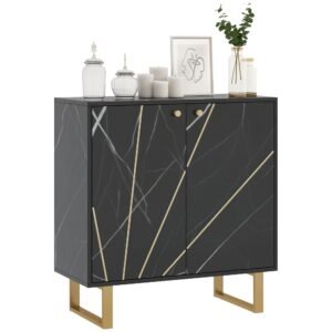 HOMCOM Bufet de depozitare cu 2 uși și raft reglabil, picioare din metal 76 x 35 x 77 cm ton marmură neagră | Aosom Romania