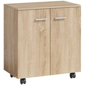 HOMCOM Bufet de living cu roți 2 uși și rafturi pentru living, dormitor, birou 60x35x65 cm Natural | Aosom Romania