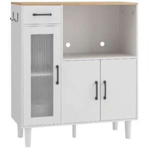 HOMCOM Bufet dulap de bucătărie cu sertar, 2 dulapuri, compartiment deschis, ușă acrilică nervurată 80 x 34 x 91 cm Alb+Stejar | Aosom Romania