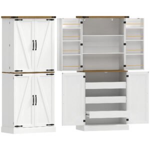 HOMCOM Bufet înalt bucătărie, dulap de bucătărie, 4 uși, 3 sertare, 8 suporturi pentru condimente și etajere reglabile, 76x40x182cm, alb | Aosom Romania