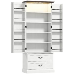 HOMCOM Bufet înalt bucătărie, dulap de bucătărie, LED cu senzor, 2 uși, sertare și rafturi reglabile, 76x39,5x183cm, alb | Aosom Romania
