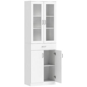 HOMCOM Bufet înalt pentru bucătărie, dulap de bucătărie, 4 uși dintre care 2 din sticlă, sertare, etajere reglabile, 60x35x180cm, alb | Aosom Romania