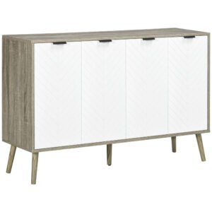 HOMCOM Bufet jos, mobilier de depozitare, 2 dulapuri, 4 uși, model chevron, polițe reglabile, 120 x 35 x 77,4 cm, alb și gri | Aosom Romania
