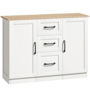 HOMCOM Bufet pentru living, mobilier de depozitare cu 2 uși cu închidere silențioasă și 3 sertare, 110x35x80,4cm, alb și lemn natural | Aosom Romania