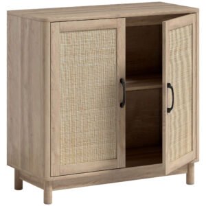 HOMCOM Bufet pentru living, mobilier de depozitare cu 2 uși din ratan, poliță reglabilă și margini rotunjite, 76 x 35 x 75,5 cm, stejar | Aosom Romania
