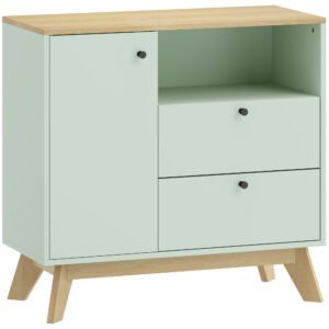 HOMCOM Bufet pentru living, mobilier de depozitare cu ușă, 2 sertare, compartiment deschis și raft reglabil, verde deschis și stejar | Aosom Romania
