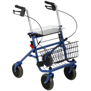 HOMCOM Cadru de mers pliabil pentru persoane în vârstă cu șezut 4 roți Înălțime reglabilă Frâne cu manetă Coș Tavă Suport pentru baston Albastru | Aosom Romania
