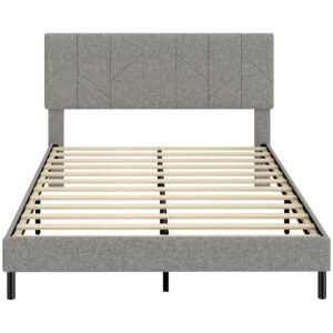 HOMCOM Cadru de pat 140 x 190 cm cu somier şi tăblie reglabilă, pat dublu tapiţat în in, depozitare dedesubt, gri | Aosom Romania