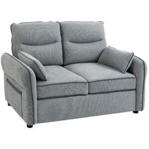 HOMCOM Canapea 2 locuri, canapea de living din velur egiptean, 2 perne incluse, buzunar lateral, 136 x 81 x 90 cm, gri | Aosom Romania