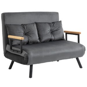 HOMCOM Canapea Pat de 2 Locuri cu Spătar Reglabil pe 5 Nivele și 2 Perne din Material Capitonat, 102x73x81 cm, Gri Închis | Aosom Romania