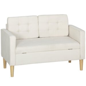HOMCOM Canapea cu două locuri cu spațiu de depozitare, capitonare cu nasturi, perne, lemn de cauciuc, 117x62x78cm, alb crem | Aosom Romania