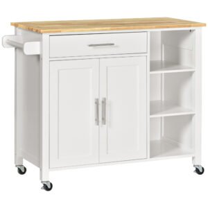 HOMCOM Carucioare de bucatarie cu 4 roți, 3 rafturi, pentru sufragerie, din MDF, Lemn și Cauciuc, 107.5x48x89 cm, Alb | Aosom Romania