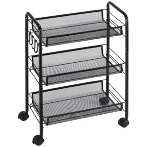 HOMCOM Cărucior de Bucătărie Multifuncțional cu 3 Niveluri, Coșuri Detașabile, 4 Roți, Oțel și Plastic PP, 45Lx26,5x63cm, Negru | Aosom Romania