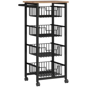 HOMCOM Cărucior de Bucătărie cu 4 Coșuri Detașabile, Roți și Frâne, Oțel și Lemn, 49.5x31x91 cm, Stejar | Aosom Romania