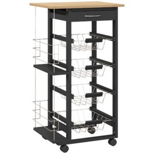 HOMCOM Carucior de Bucătărie cu Roți Carucior Multiusos cu Sertar 4 Coșuri Detașabile de Metal și Rafturi 47x37x83 cm Negru | Aosom Romania