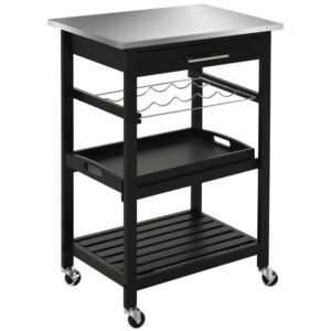 HOMCOM Carucior de Servire, carucior pentru bucatarie cu raft pentru sticle, 60L x 40l x 85h cm, blat din inox, negru | Aosom Romania