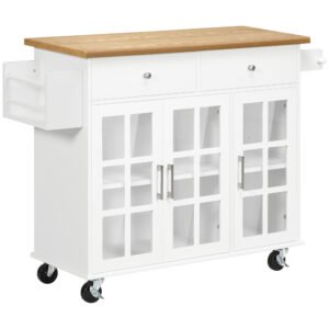 HOMCOM Cărucior de bucătărie cu roți Insulă de bucătărie cu 2 sertare 3 uși din sticlă securizată suport prosop 124,5x39,5x90 cm Alb | Aosom Romania