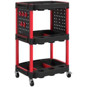 HOMCOM Cărucior pentru Scule 3 Nivele din Plastic cu Panou Lateral Roșu Negru | Aosom Romania