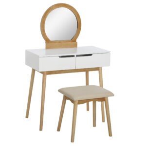 HOMCOM Coafetoare Design scandinav Masă de Machiaj cu Oglindă, 2 sertare și Taburet Alb pin Deschis | Aosom Romania