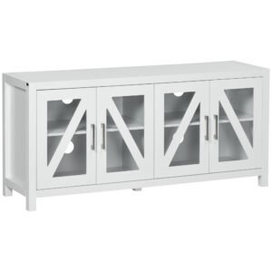 HOMCOM Comodă TV pentru living masă pentru televizoare de până la 147,3 cm cu 4 uși din sticlă, rafturi reglabile 130x35x60 cm Alb | Aosom Romania