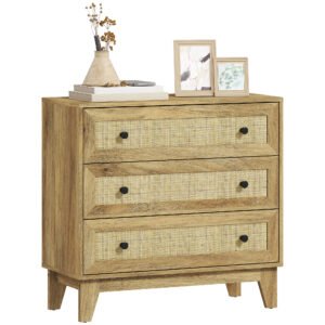 HOMCOM Comoda cu 3 Sertare Comoda de Lemn cu Frontale din Ratan Stil Cannage pentru Dormitor 80x35x76 cm Natural | Aosom Romania