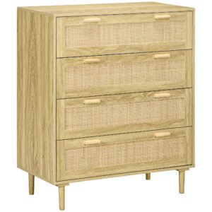 HOMCOM Comodă cu 4 Sertare în Stil Boho, Comodă din Lemn și Ratan pentru Dormitor și Hol, 90x45x108,5 cm, Stejar | Aosom Romania