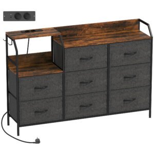HOMCOM Comodă cu 8 sertare din material textil, cadru din oțel, stație de încărcare, Rustic-Maro+Negru | Aosom Romania