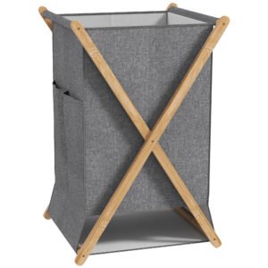 HOMCOM Coș Pliabil pentru Rufe 55L din Material Textil și Cadru din Bambus pentru Cameră și Spălătorie, 41x41x64 cm, Gri | Aosom Romania