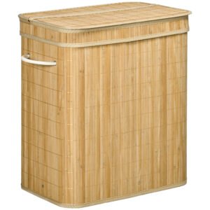HOMCOM Coș Pliabil pentru Rufe cu 2 Compartimente, Capac Detașabil și Mânere, 54,2x35,2x59,5 cm, Natural | Aosom Romania