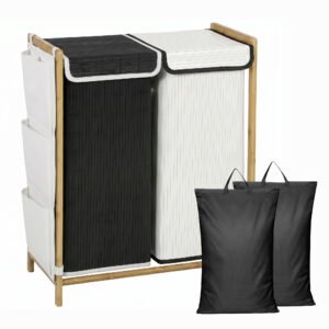 HOMCOM Coș de Rufe 2 Compartimente 120L cu Capace, Buzunare Laterale, Saci Detașabili pentru Dormitor | Aosom Romania