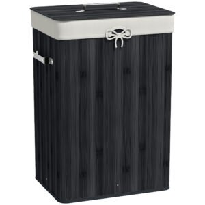HOMCOM Coș de rufe, cutie rufe, colector de rufe cu capac, sac din pânză, bambus, pliabil, 72L, Negru 40 x 30 x 60 cm | Aosom Romania
