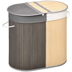 HOMCOM Cos de rufe din bambus 100L cu 2 sectiuni, capac si sac detasabil 62,5 x 37 x 60,5 cm - gri | Aosom Romania