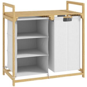 HOMCOM Coș pentru Rufe cu 2 Saci Detașabili, Dulap pentru Rufe de Baie cu Mânere și Raft din Bambus, 70x36x70 cm, Alb | Aosom Romania