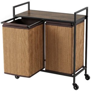 HOMCOM Coș rufe din bambus 2 compartimente 120 L colector rufe cu raft, cutie de rufe sac de rufe, pe roți 73x33x78 cm, Maro | Aosom Romania