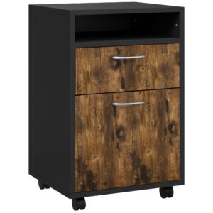 HOMCOM Dulap Birou cu 4 Roți, Raft Deschis și 2 Sertare, Mobilier de Birou din Lemn și Metal, 40x35x60 cm, Maro | Aosom Romania