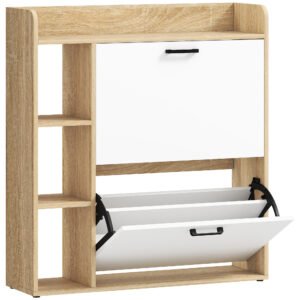 HOMCOM Dulap Slim pentru Pantofi cu 2 Sertare Rabatabile și 3 Compartimente, Capacitate 15 Perechi, 83x24x90,5 cm, Lemn și Alb | Aosom Romania