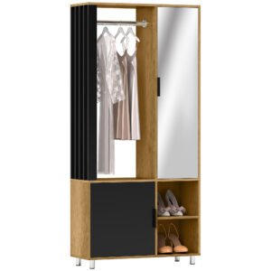 HOMCOM Dulap cameră penderie cu mirror, compartimente deschise, dulap și șipcă de suspendare, 80 x 30 x 170 cm, natural | Aosom Romania