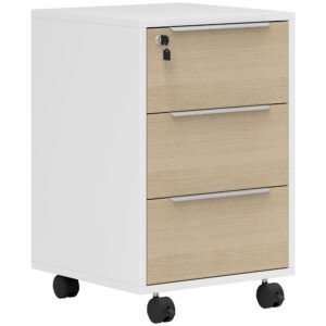 HOMCOM Dulap de Birou cu 3 Sertare, 4 Roți, Comodă de Birou cu Sistem de Blocare și 2 Chei pentru Documente Format A4, Dulap Vertical pentru Studiu, 40x40x63.5 cm, Alb și Stejar | Aosom Romania