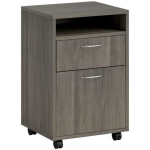 HOMCOM Dulap de Birou cu 4 Roți, Raft Deschis și 2 Sertare, Mobilier de Birou din Lemn și Metal, 40x35x60 cm, Maro | Aosom Romania