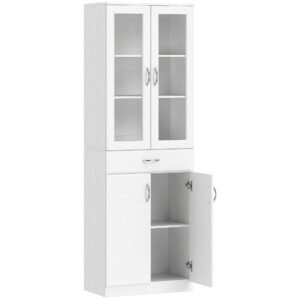 HOMCOM Dulap de Bucătărie Înalt 180 cm cu Uși din Sticlă Soft-Close, Sertar și 2 Dulapuri, Polițe Reglabile, Alb | Aosom Romania