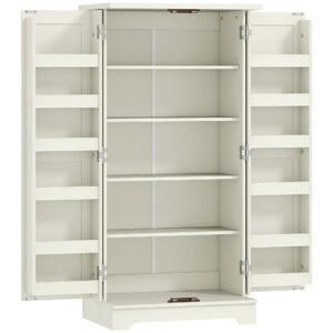 HOMCOM Dulap de Bucătărie Tip Cămară, Rustic, cu 12 Rafturi pentru Condimente, Rafturi Reglabile, 2 Uși, pentru Sufragerie și Living, 60x40x120 cm, Crem | Aosom Romania