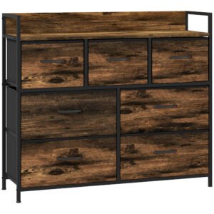 HOMCOM Dulap de Depozitare, Comodă cu 7 Sertare din Material Textil, Design Industrial, Structură din Oțel, 98x29x85cm, Maro/Negru | Aosom Romania