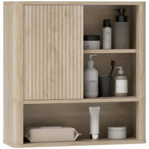 HOMCOM Dulap de baie montabil pe perete cu rafturi reglabile, ușă glisantă și rafturi deschise, lemn natural | Aosom Romania