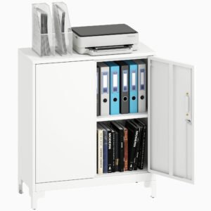 HOMCOM Dulap de birou din metal, uși cu închidere, comodă de birou, design în 2 nivele, Alb | Aosom Romania