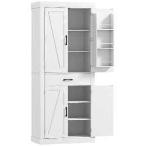 HOMCOM Dulap de bucătărie în stil country cu 2 dulapuri, 6 rafturi și un sertar, din lemn, 76x39,5x183,5 cm, alb | Aosom Romania