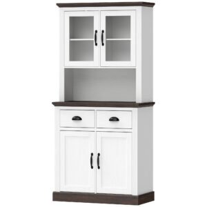 HOMCOM Dulap de bucătărie înalt cu uși din sticlă 2 sertare rafturi reglabile compartiment deschis 80x38x170 cm Alb | Aosom Romania