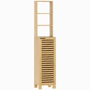 HOMCOM Dulap înalt pentru baie din bambus Coloană îngustă cu 3 polițe deschise Ușă cu lamele Rafturi reglabile 34x30x170 cm Natural | Aosom Romania