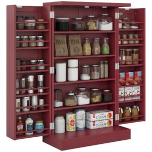 HOMCOM Dulap mobilier de bucătărie despensier 2 uși cu 5 rafturi și 12 recipiente pentru mirodenii - 60 x 30 x 104 cm - roșu | Aosom Romania