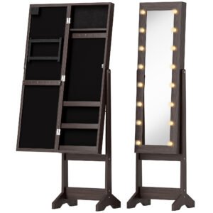 HOMCOM Dulap pentru bijuterii, dulap de depozitare pe picior, cutie pentru bijuterii cu oglindă, multiple spații de depozitare, iluminare LED, maro închis | Aosom Romania